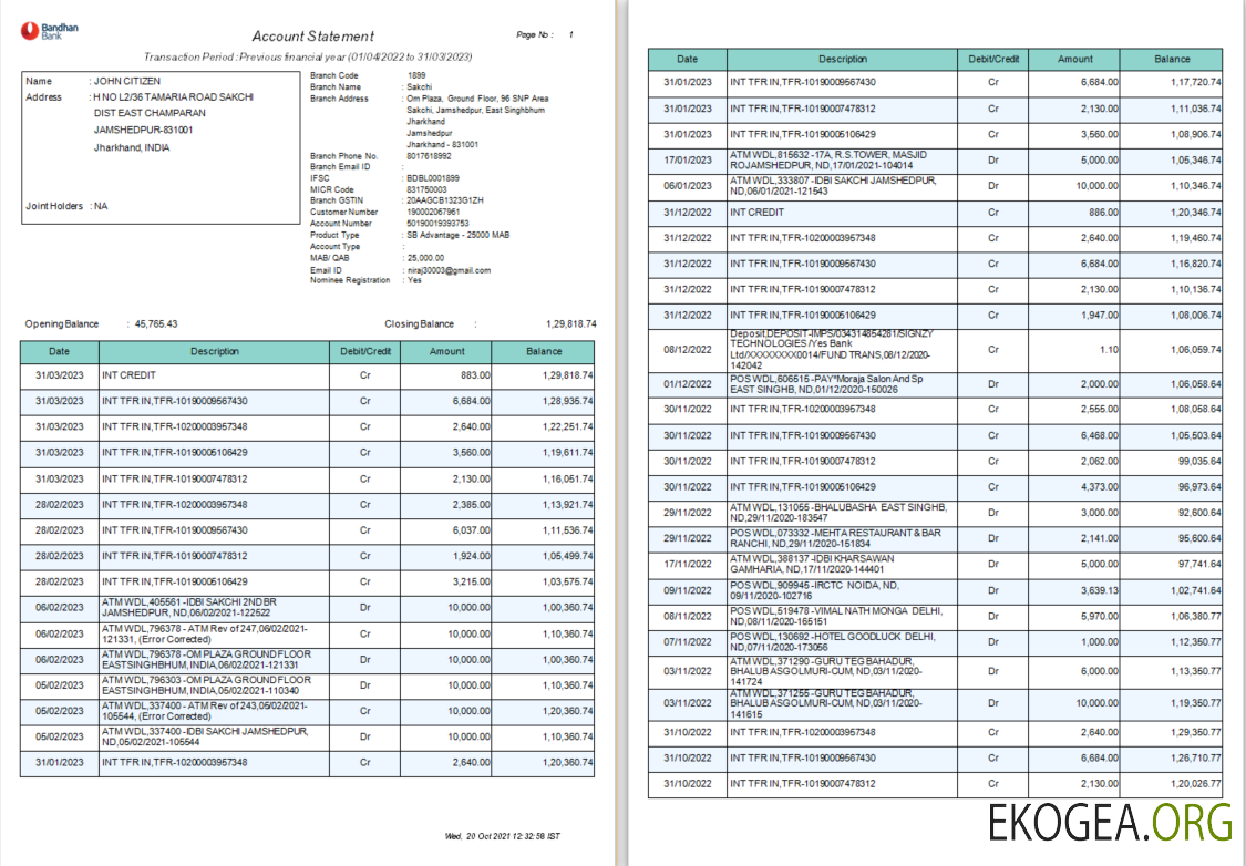 Modèle Word et PDF de relevé bancaire Inde Bandhan, 4 pages 1 2